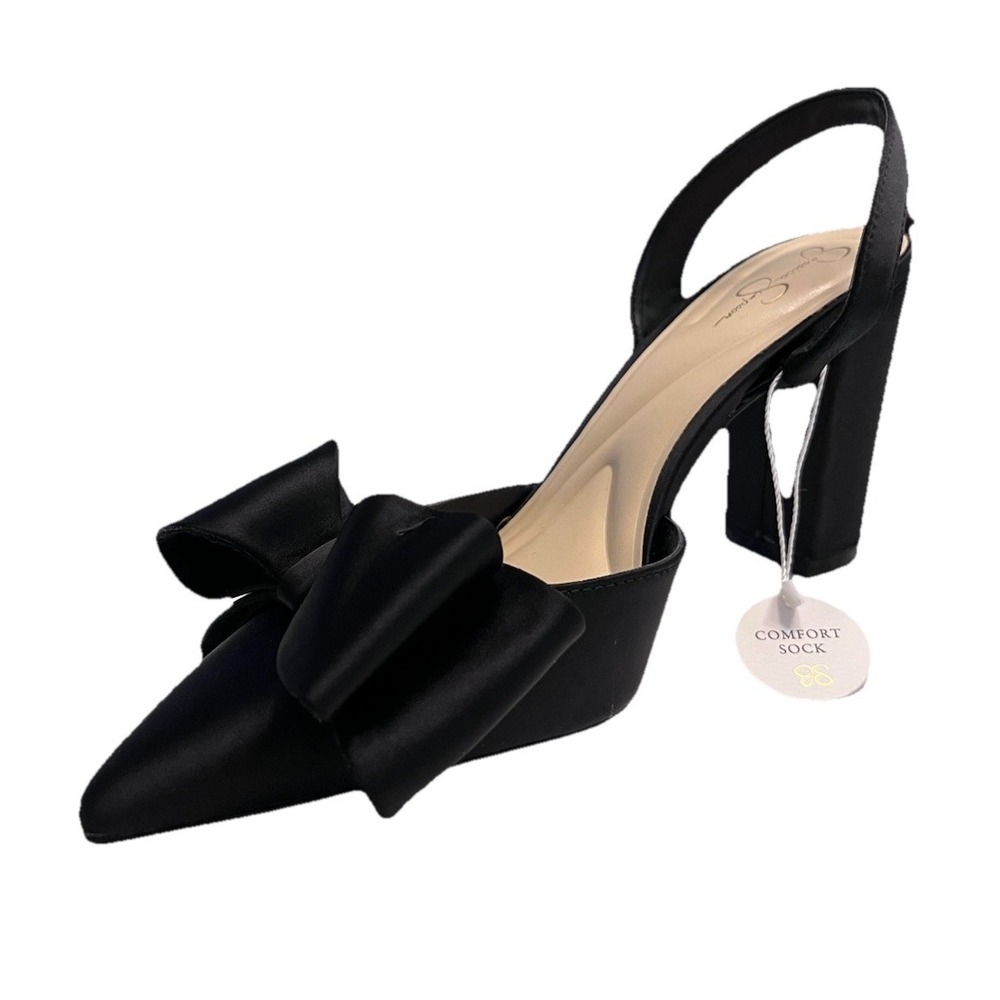 New JESSICA SIMPSON Sz 9 40 EU Heels Nekira Satin Black Bow Slingback Shoes NWOB